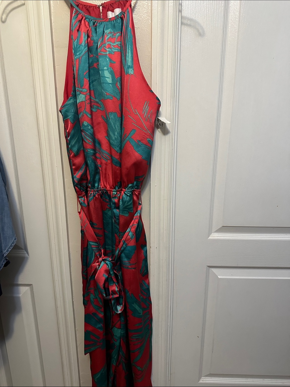 Sugarlips Red and Teal Tropical Halter Jumpsuit